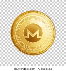 Golden monero coin. Crypto currency blockchain coin monero symbol isolated on trnsparent background. Realistic vector illustration.