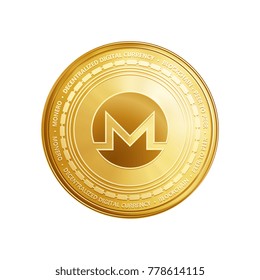 Golden Monero coin. Crypto currency blockchain coin Monero symbol isolated on trnsparent background. Realistic vector illustration.