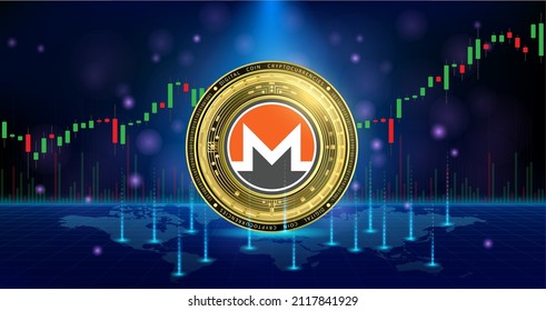 Golden monero currency coin. Electronic crypto currency modern technology. Digital cryptocurrency block chain market token banner. On world map chart background. 3D Vector.

