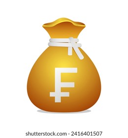 Golden money bag with French Franc sign. Cash money, business and finance 3D element object.