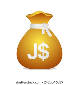 Golden money bag with Jamaican Dollar sign. Cash money, business and finance 3D element object.
