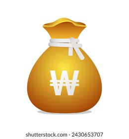 Golden money bag with South Korean won sign. Cash money, business and finance 3D element object.