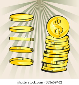Golden money rain and stack. Vector falling coins. Dollar sign. 