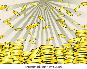 Golden money stacks and rain. Gold coins. Retro vector illustration of the shining wealth. Lottery winning or business success concept. Pop art treasure image. Vintage rays background