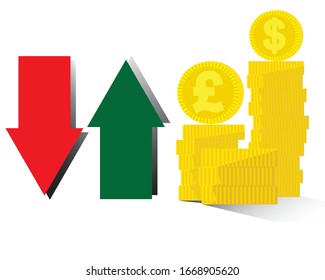 golden money ups and downs vector graphic table, red and green arrow sign