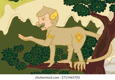 Un mono dorado está en una rama del árbol. Este es un cuadro de arte tailandés en un sentimiento amarillo.