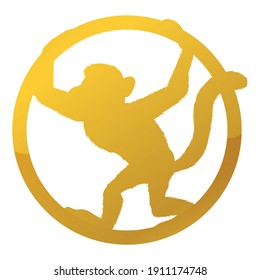 Golden monkey silhouette inside round ring, isolated over white background.