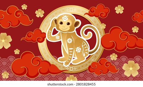 A golden monkey sits within a circular frame surrounded by red clouds and gold flowers