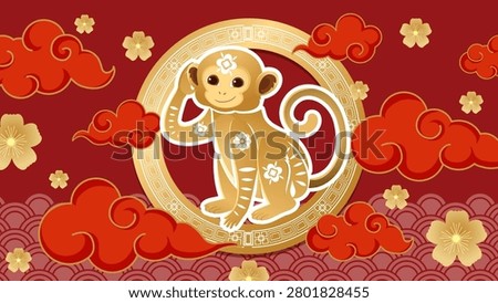 A golden monkey sits within a circular frame surrounded by red clouds and gold flowers