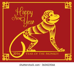 Golden monkey with traditional Chinese patterns and flowers for New Year.