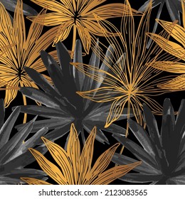 Golden monochrome tropical leaves seamless pattern. Abstract exotic leaf line art, watercolor silhouette on black background. Creative tropics illustration for wallpaper, textile design. Vector art