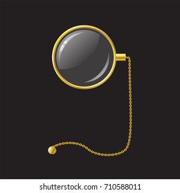 Golden monocle with a chain - modern vector realistic isolated object illustration on black background. Use this high quality clip art for presentations, banners and flyers. Stylish eye-glass