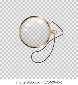 Golden monocle with lace isolated on checkered transparent background. Realistic vector illustration.