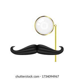 Golden Monocle and Mustache, gentleman's set, vector illustration isolated on white.