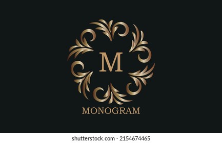 Golden monogram design template with letter M. Round logo, business identity sign for restaurant, boutique, cafe, hotel, heraldic, jewelry.