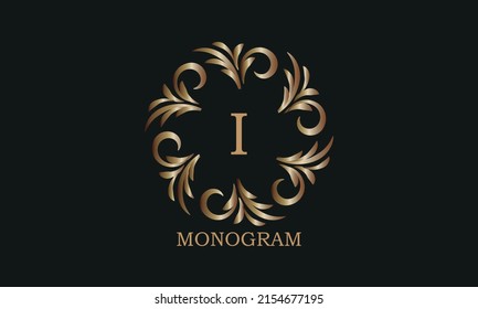 Goldene Monogramm-Design-Vorlage mit Buchstabe I. Rundlogos, Firmenzeichen für Restaurant, Boutique, Café, Hotel, heraldischer Schmuck.
