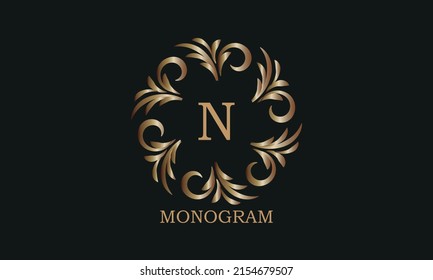 Plantilla de diseño de monograma dorado con letra N. Logotipo redondo, signo de identidad empresarial para restaurante, boutique, café, hotel, heráldico, joyería.