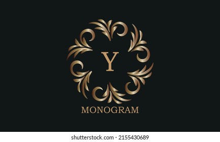 Golden monogram design template with letter Y. Round logo, business identity sign for restaurant, boutique, cafe, hotel, heraldic, jewelry.