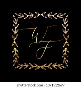 Golden Monogram with Floral Hand Drawn Frame. Wedding invitation and RSVP Border design. Cosmetics and Beauty Shop Organic Logo Template. Trendy Luxury Ornament for Greeting Card. 