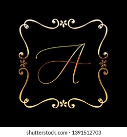 Golden Monogram with Floral Hand Drawn Frame. Wedding invitation and RSVP Border design. Cosmetics and Beauty Shop Organic Logo Template. Trendy Luxury Ornament for Greeting Card. 