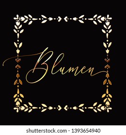 Golden Monogram with Floral Hand Drawn Frame. Wedding invitation and RSVP Border design. Cosmetics and Beauty Shop Organic Logo Template. Trendy Luxury Ornament for Greeting Card. 