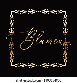 Golden Monogram with Floral Hand Drawn Frame. Wedding invitation and RSVP Border design. Cosmetics and Beauty Shop Organic Logo Template. Trendy Luxury Ornament for Greeting Card. 