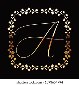 Golden Monogram with Floral Hand Drawn Frame. Wedding invitation and RSVP Border design. Cosmetics and Beauty Shop Organic Logo Template. Trendy Luxury Ornament for Greeting Card. 