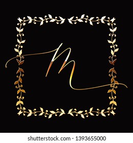 Golden Monogram with Floral Hand Drawn Frame. Wedding invitation and RSVP Border design. Cosmetics and Beauty Shop Organic Logo Template. Trendy Luxury Ornament for Greeting Card. 