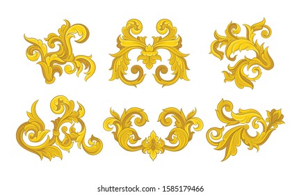 Golden Monogram with Floral Ornament Collection, Ancient Baroque Vignettes Vector Illustration