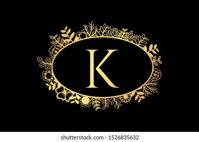 golden monogram floral oval frame with initial K, best for luxury logo or wedding invitation border