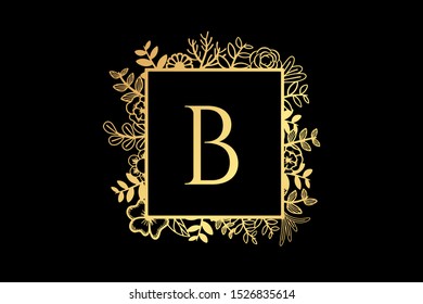 golden monogram floral square frame with initial B, best for luxury logo or wedding invitation border
