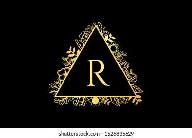 golden monogram floral triangle frame with initial R, best for luxury logo or wedding invitation border