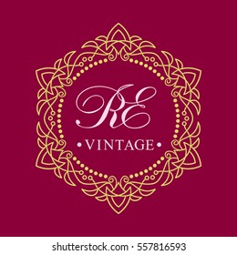 Golden monogram initials. Templates vintage vector logo elements. Elegant insignia, frame, label, logo design in line style.