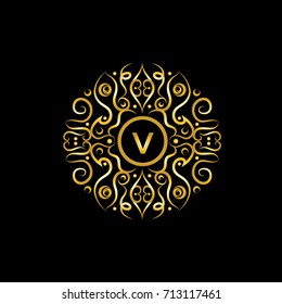 Golden monogram initials. Templates vintage vector logo elements. Elegant insignia, frame, label, logo design in line style. Letter V