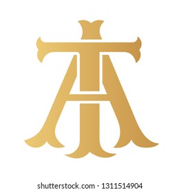 Golden AT monogram isolated in white.