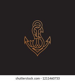 Golden monogram letter S with anchor. Vector illustration.