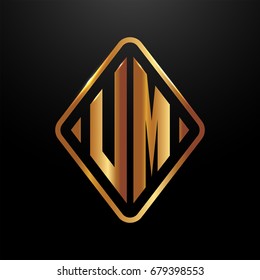 Golden monogram logo curved oval shape initial letter umn logo vector