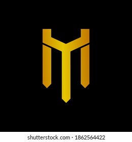 Golden monogram logo, initials Y and M, isolated on black background
