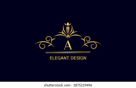 Golden monogram on a black background with the letter A. Graceful logo with the initial. Universal emblem, symbol of restaurant, business, greeting cards, invitations.