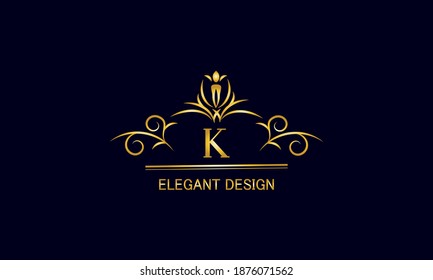 Golden monogram on a black background with the letter K. Graceful logo with the initial. Universal emblem, symbol of restaurant, business, greeting cards, invitations.