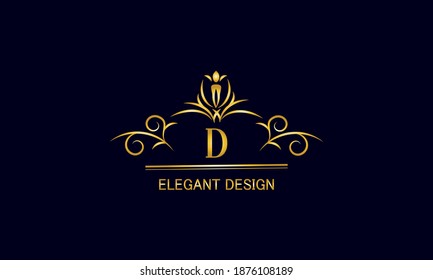 Goldenes Monogramm auf schwarzem Hintergrund mit dem Buchstaben D. Graceful Logo mit dem ersten. Universelles Emblem, Symbol des Restaurants, der Wirtschaft, Grußkarten, Einladungen.
