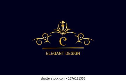 Golden monogram on a black background with the letter C. Graceful logo with the initial. Universal emblem, symbol of restaurant, business, greeting cards, invitations.