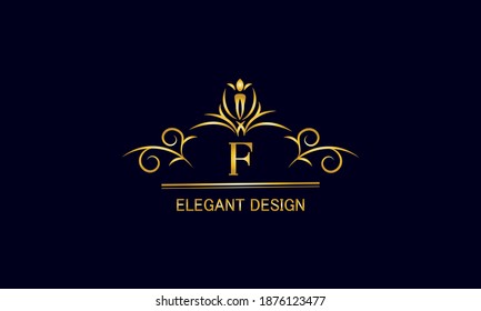 Golden monogram on a black background with the letter F. Graceful logo with the initial. Universal emblem, symbol of restaurant, business, greeting cards, invitations.