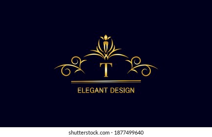 Goldenes Monogramm auf schwarzem Hintergrund mit dem Buchstaben T. Graceful Logo mit dem ersten. Universelles Emblem, Symbol des Restaurants, der Wirtschaft, Grußkarten, Einladungen.