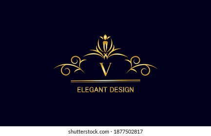 Golden monogram on a black background with the letter V. Graceful logo with the initial. Universal emblem, symbol of restaurant, business, greeting cards, invitations.