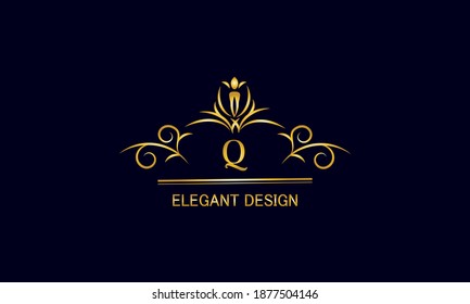 Golden monogram on a black background with the letter Q. Graceful logo with the initial. Universal emblem, symbol of restaurant, business, greeting cards, invitations.