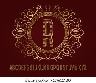 Golden monogram template in patterned elliptic frame with beautiful alphabet.