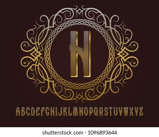 Golden monogram template in patterned elliptic frame with striped alphabet.