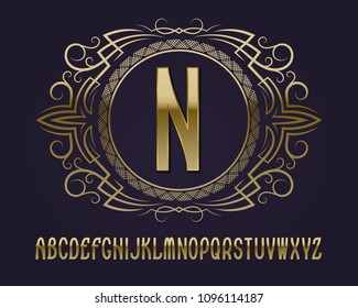 Golden monogram template in round patterned frame with vintage alphabet.