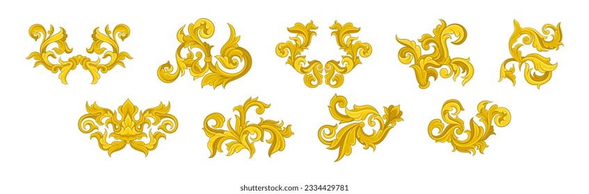 Golden Monograms and Baroque Swirl Element with Floral Ornament Vector Set